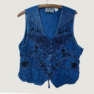 M.P.H. Collection Embroidered Vest XL Blue Boho Rayon Button Front Waistcoat